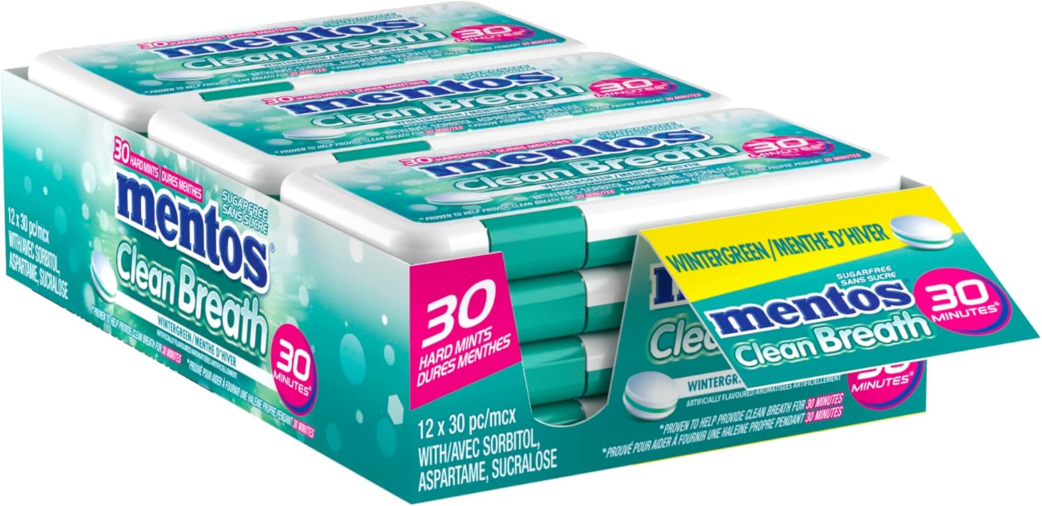 Mentos Clean Breath Mints, Wintergreen, 30 pc/Pack of 12, Package, front of package.