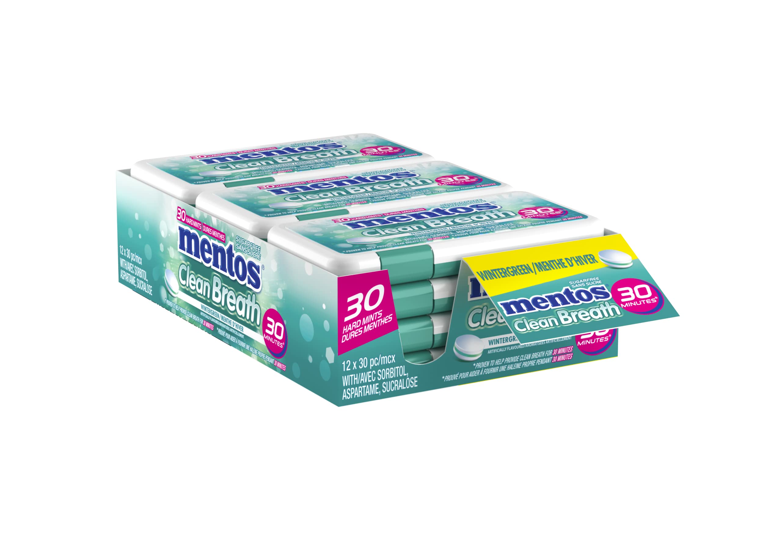 Mentos Clean Breath Mints, Wintergreen, 30 pc/Pack of 12, Package, front of package.