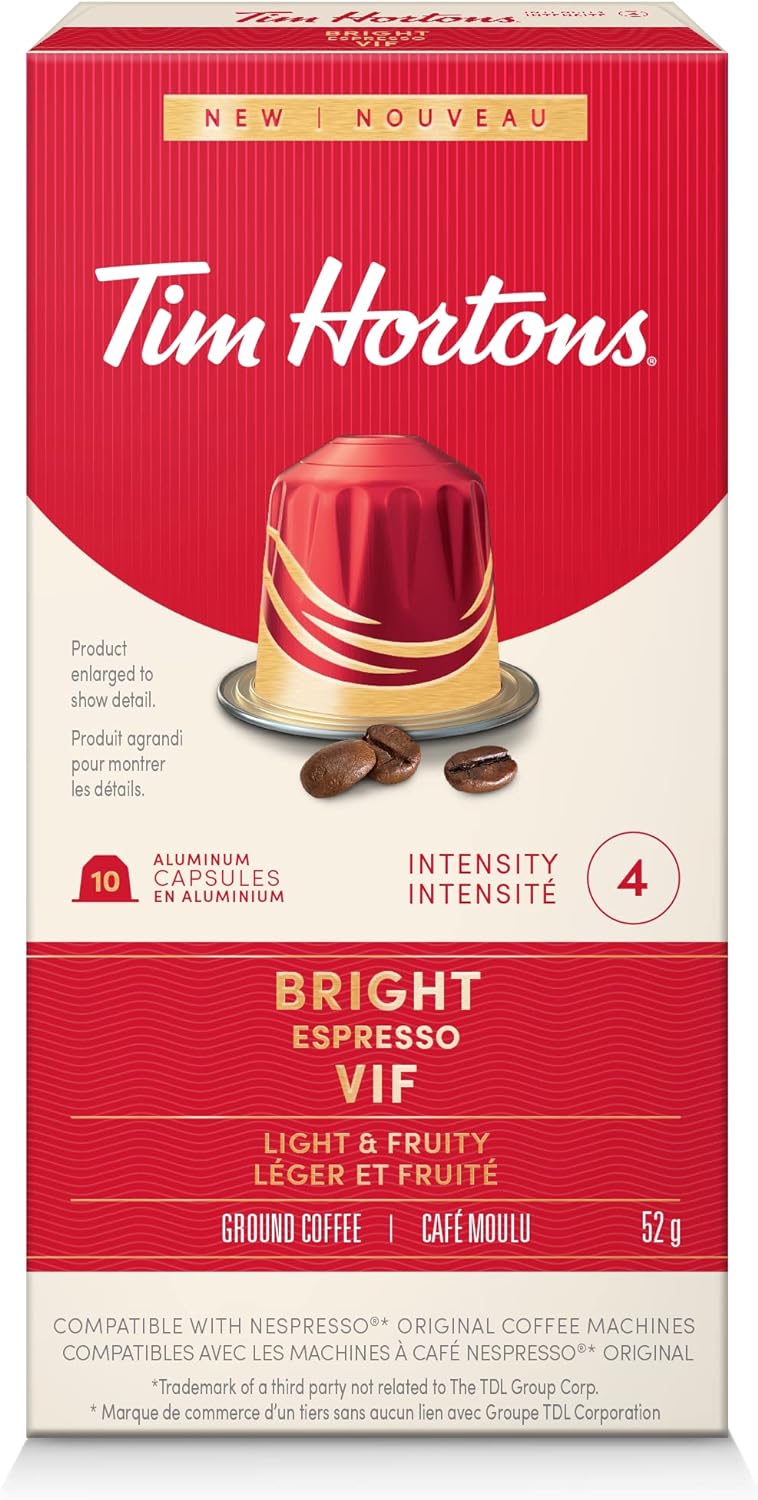 Tim Hortons Bright Espresso, Fine Grind Coffee, Nespresso Aluminum Capsules, 10 Capsules, 52g/1.8 oz