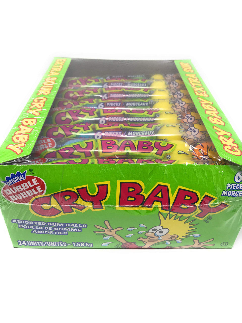 Original Dubble Bubble - Extra Sour Cry Baby - Assorted Gum Balls - 24 Packs of 6 Large Gumballs - 1.58kg/3.5 lbs