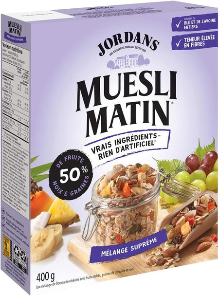 Jordans Morning Muesli Cereal, Supreme Medley, 400g/14 oz. Box, back of box.