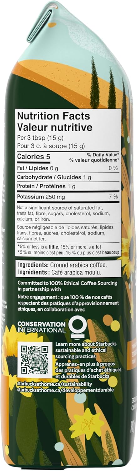 Side of bag of Starbucks Sunsera Blend 100% Arabica Ground Coffee, 340g/12 oz with a QR code and conservation international logo.