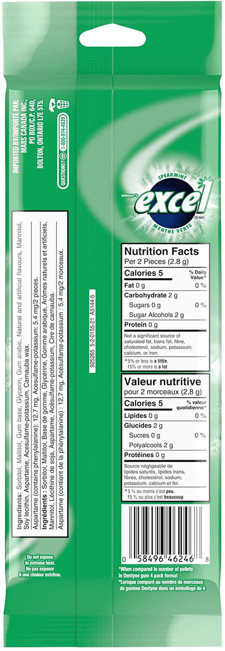 Excel Sugar Free Gum Spearmint, 3-Pack, 18 pieces each {Imported from Canada}