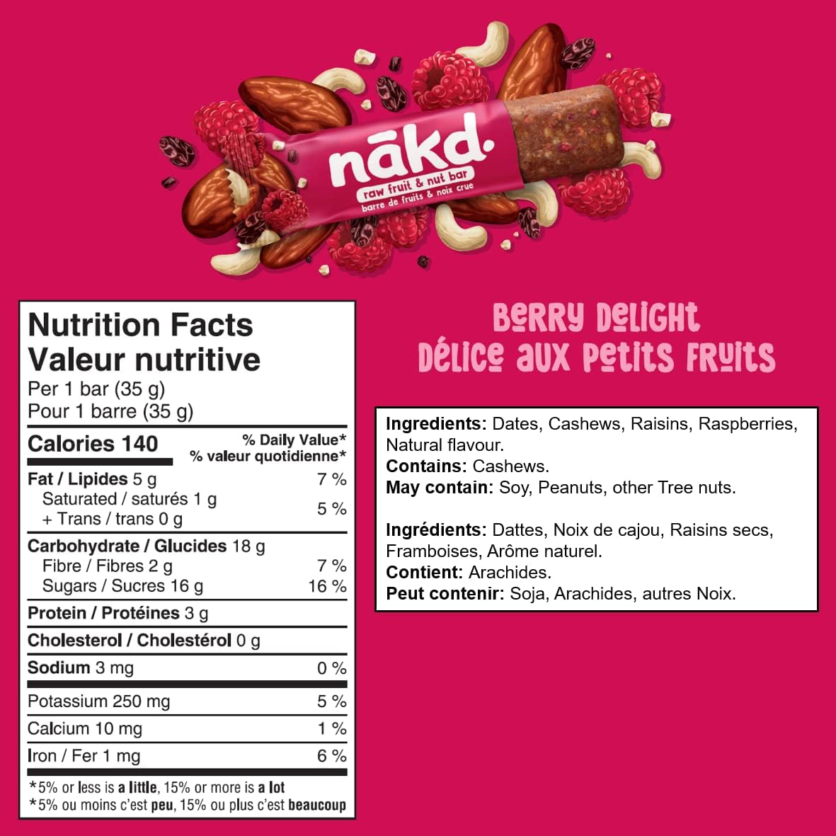 Nakd. Berry Delight Bars Ingredients & Nutrition Facts Labels