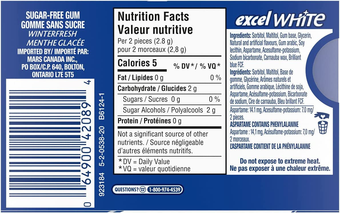 Excel White Sugar Free Gum Winterfresh, 18 pieces, 3-pack {Imported from Canada}