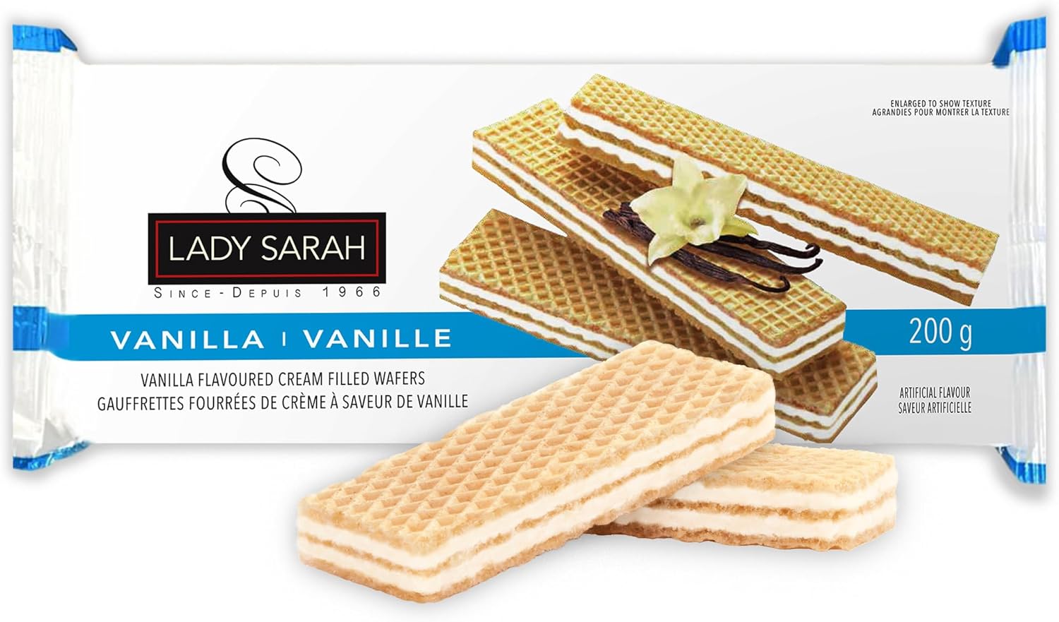 Lady Sarah Vanilla Flavored Cream Filled Wafers, 200g, front of package.