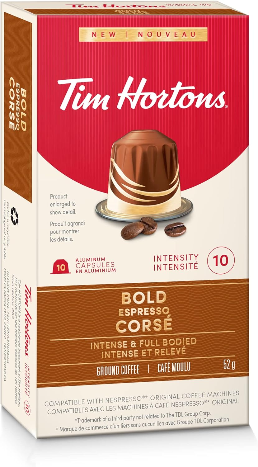 Tim Hortons Bold Espresso, Intense & Full Bodied Coffee, Nespresso Aluminum Capsules, 10 Capsules, 52g/1.8 oz