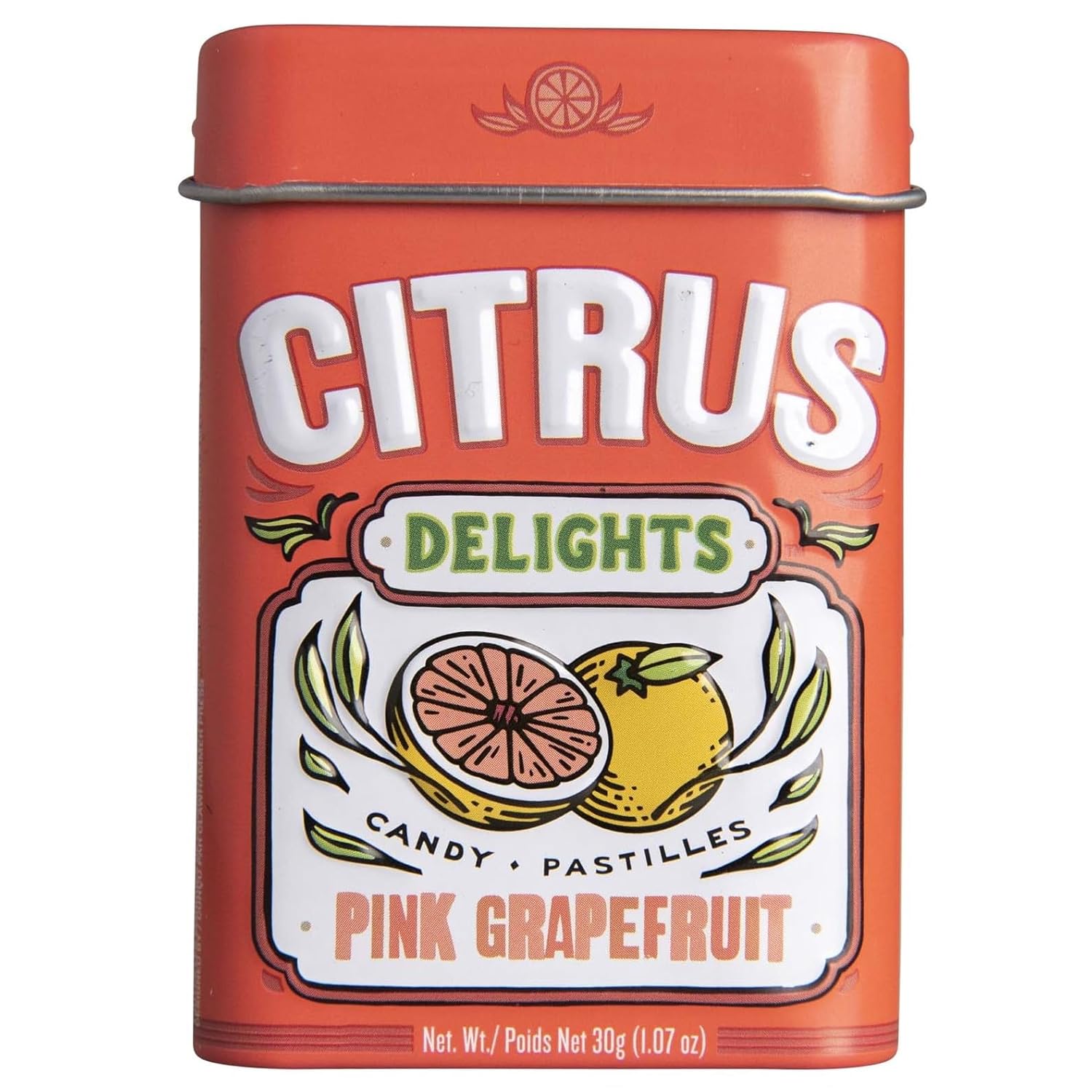 Citrus Delights Candy Pastilles, Mayer Lemon Flavor, 30g/1.07 oz. Tin, front of tin.