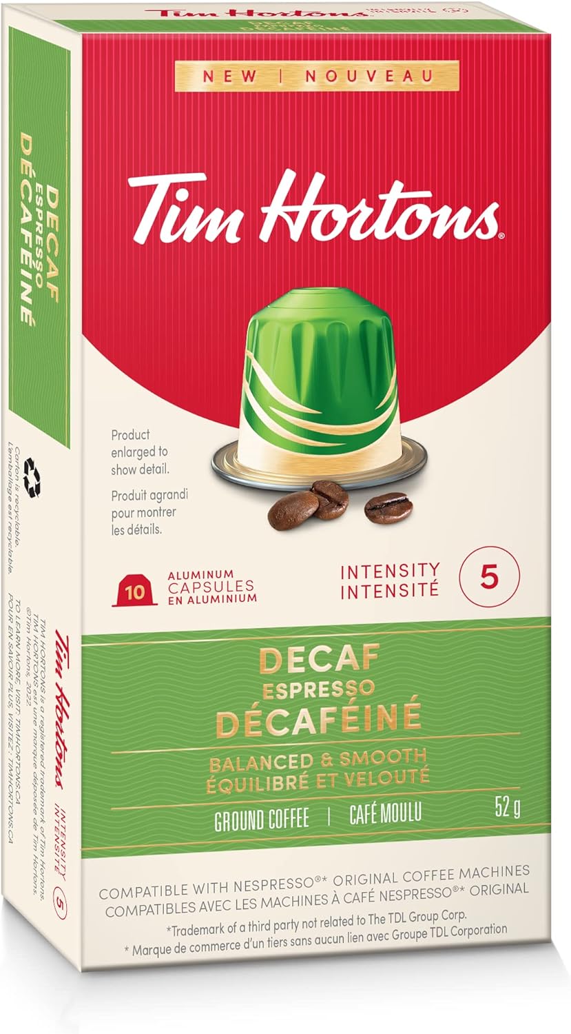 Tim Hortons Decaf Espresso, Rich & Refined Coffee, Nespresso Aluminum Capsules, 10 Capsules, 52g/1.8 oz Box {Imported from Canada}