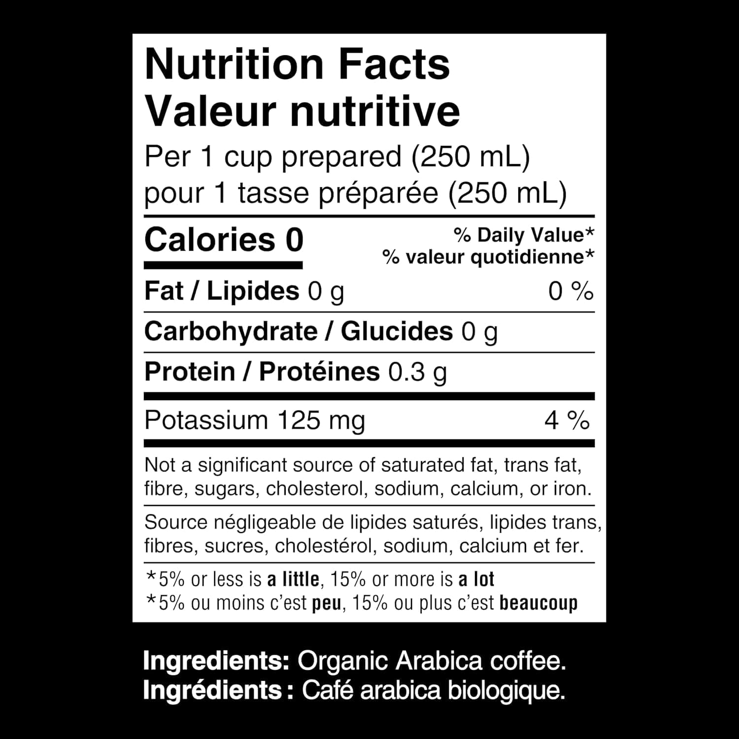 Nutrition facts label for Kicking Horse Coffee KICK ASS Dark Roast K-CUP Coffee, 54 K-Cups with black background