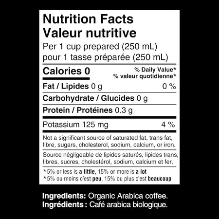Nutrition facts label for Kicking Horse Coffee KICK ASS Dark Roast K-CUP Coffee, 54 K-Cups with black background
