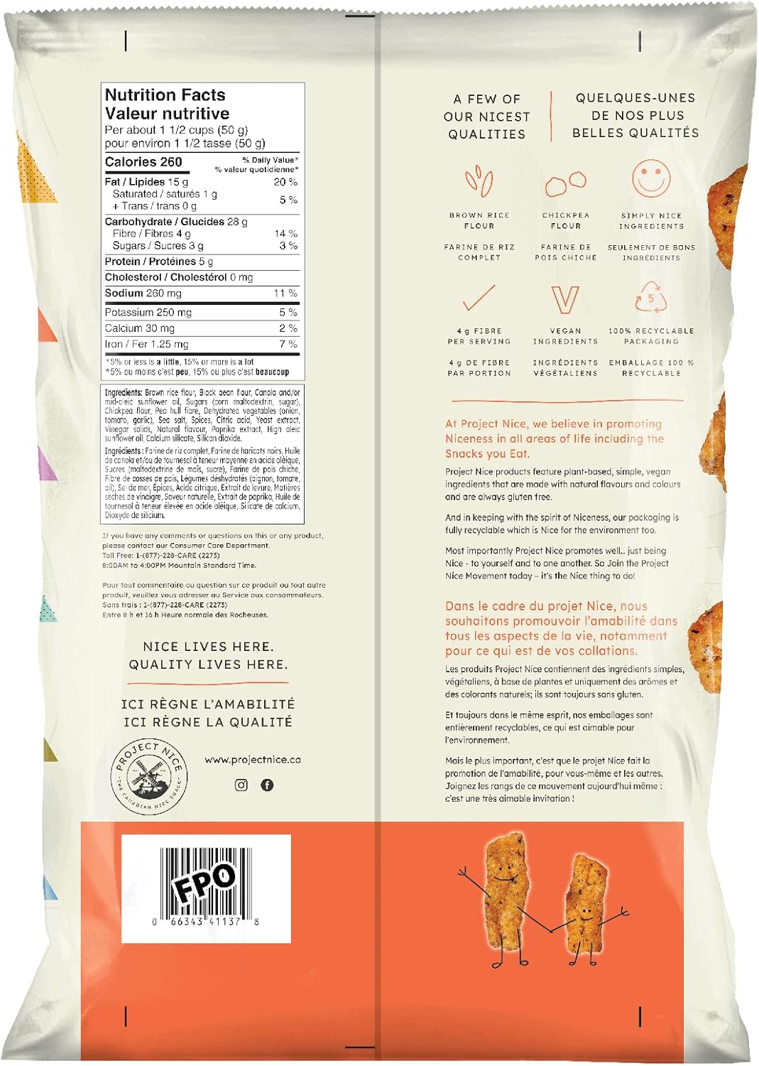 Project Nice Black Bean Veggie Snacks, Sweet & Spicy BBQ Flavor, 170g/6 oz., Bag, back of bag.