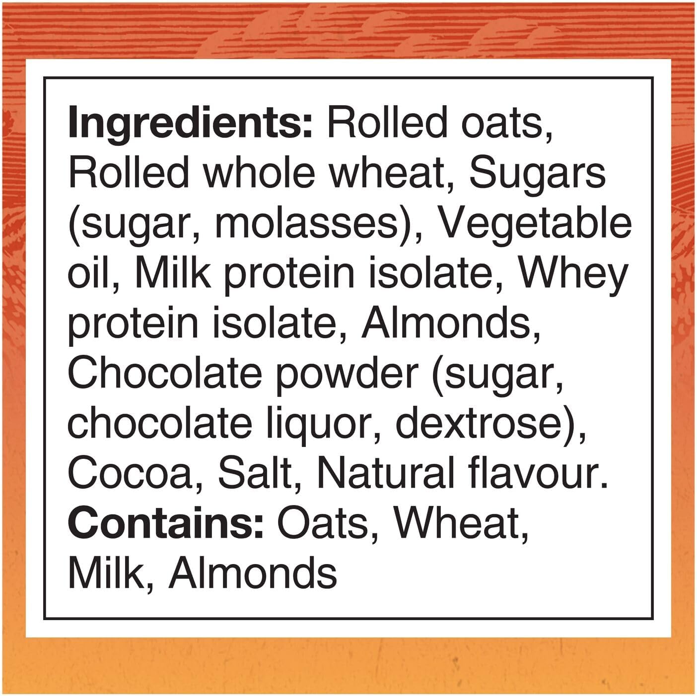 Quaker Harvest Crunch Protein Cereal, Oat, Chocolate & Almond, ingredients label