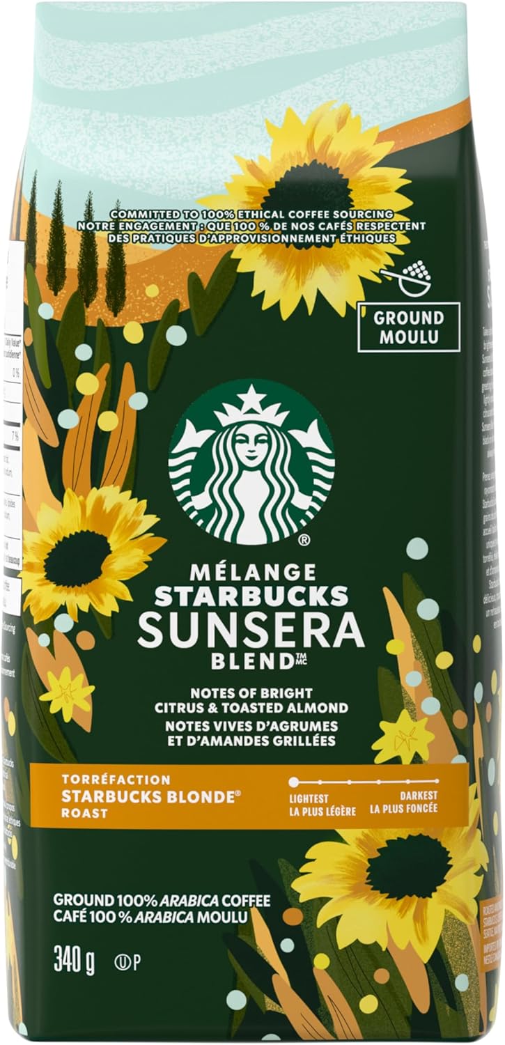 Starbucks Sunsera Blend 100% Arabica Ground Coffee, 340g/12 oz with sunflowers on a green background