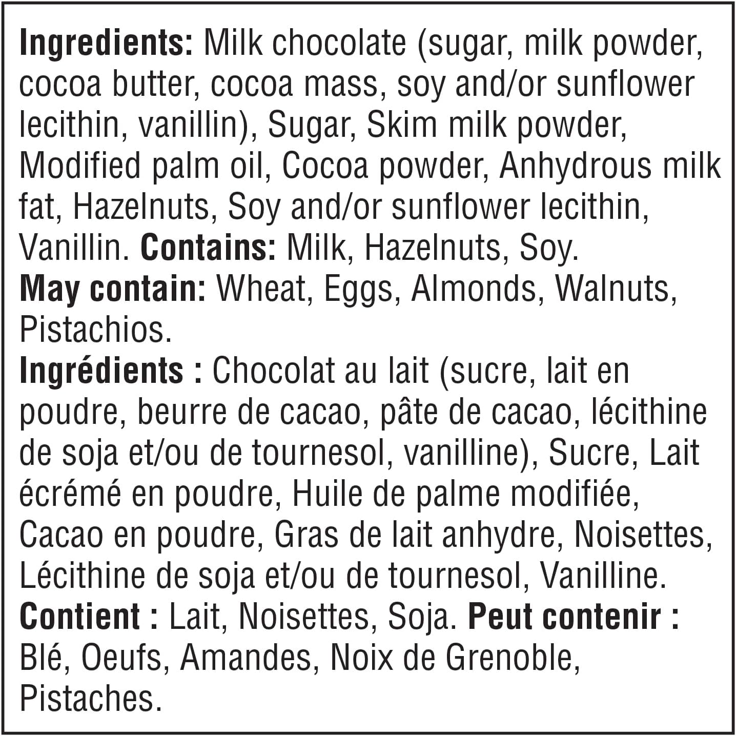 Kinder Mini Eggs With Cocoa Filling, 182g/6.4 oz. - Ingredients Label