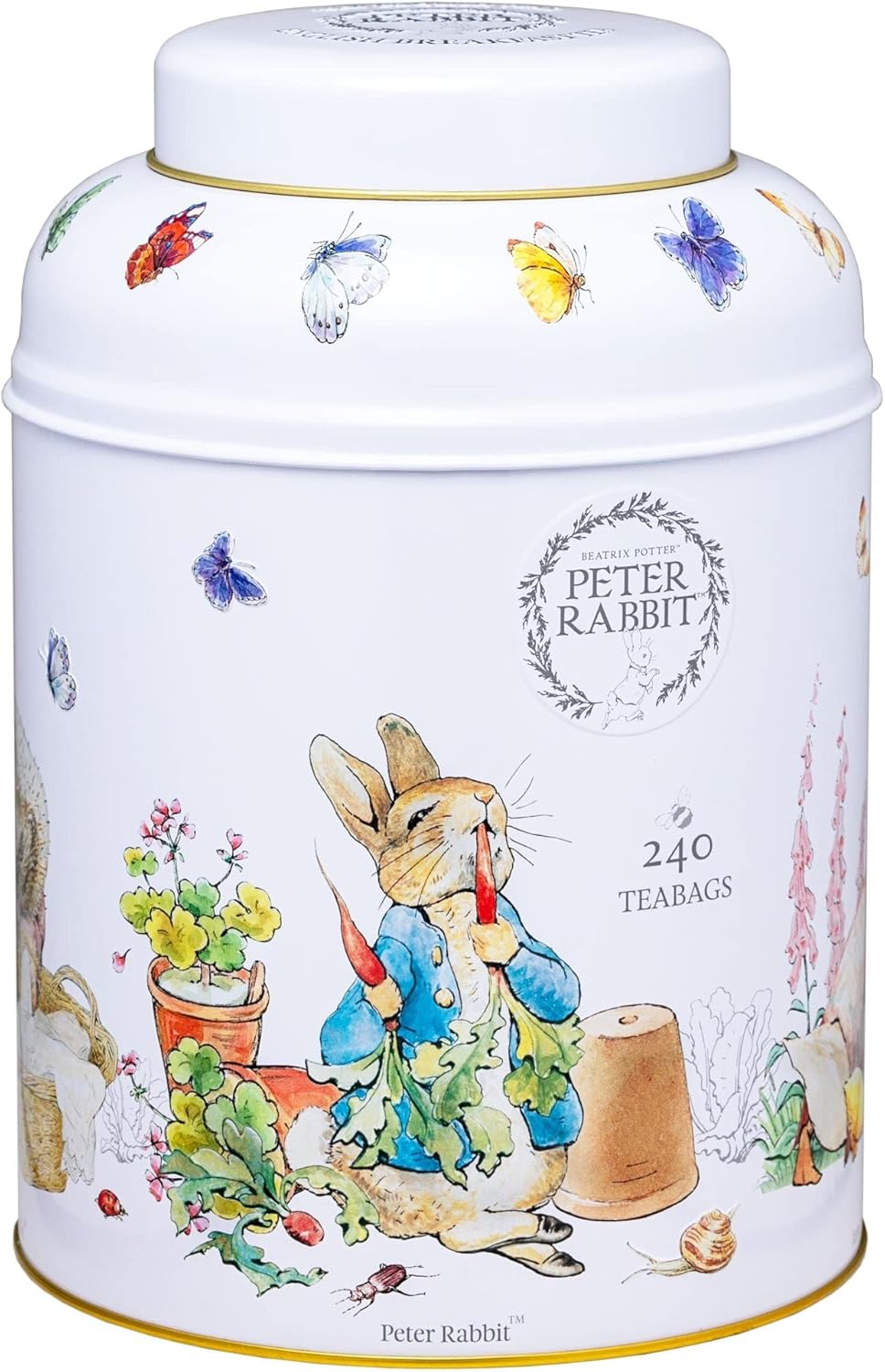 New English Teas Beatrix Potter Peter Rabbit Tea Caddy - 240 Tea Bags - Front of tea canister with Peter Rabbit design featuring a rabbit character and illustrations.