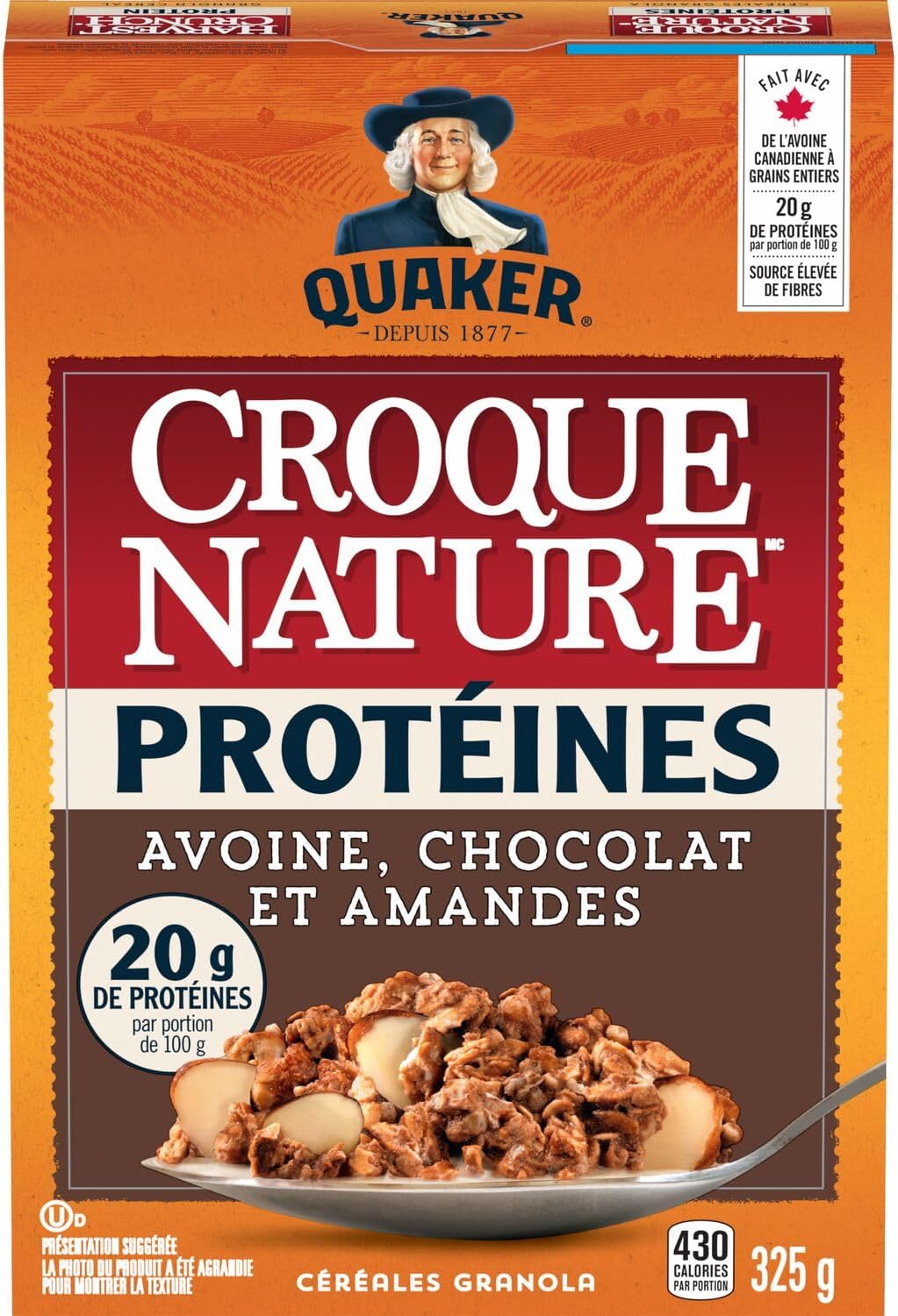 Quaker Harvest Crunch Protein Cereal Oat, Chocolate & Almond, front of box, french