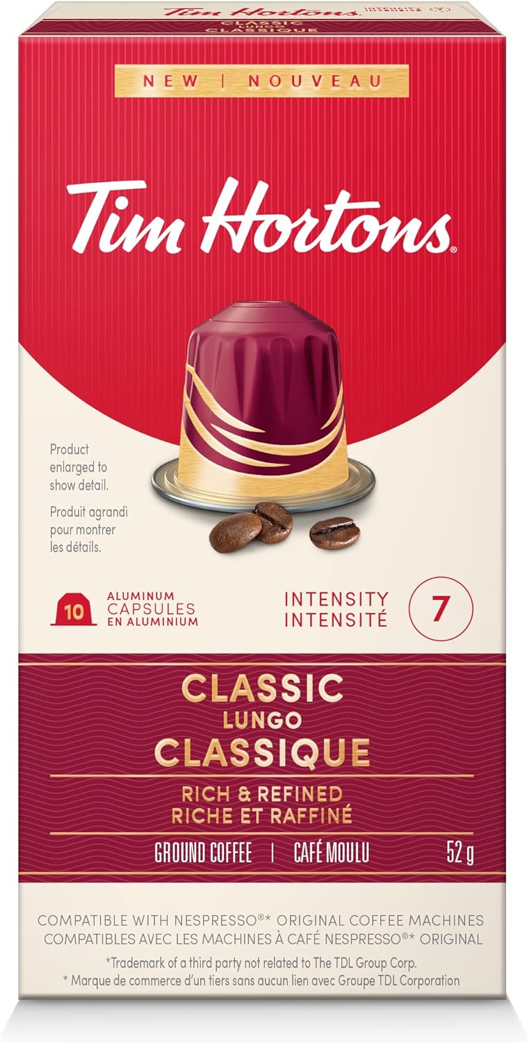 Tim Hortons Classic Lungo, Rich & Refined Coffee, Nespresso Aluminum Capsules, 10 Capsules, 52g/1.8 oz