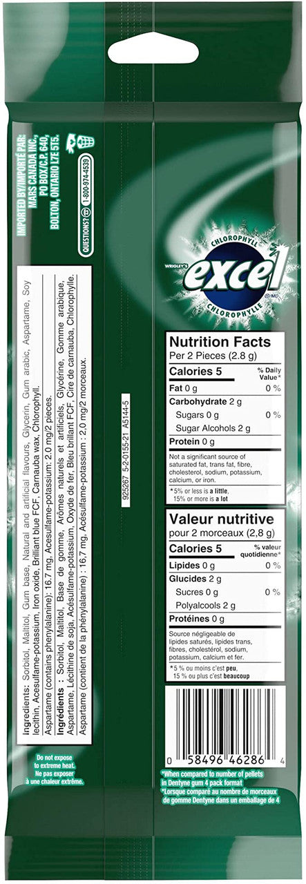 Excel Sugar Free Gum Chlorophyll 3-Pack, 18 pieces each {Imported from Canada}