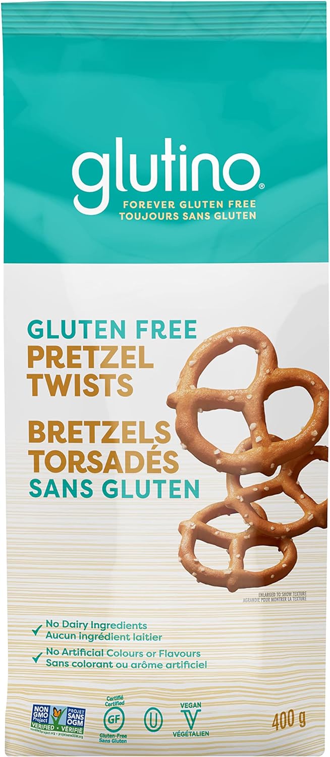 Glutino Gluten Free Pretzel Twists, 400g, front of bag.