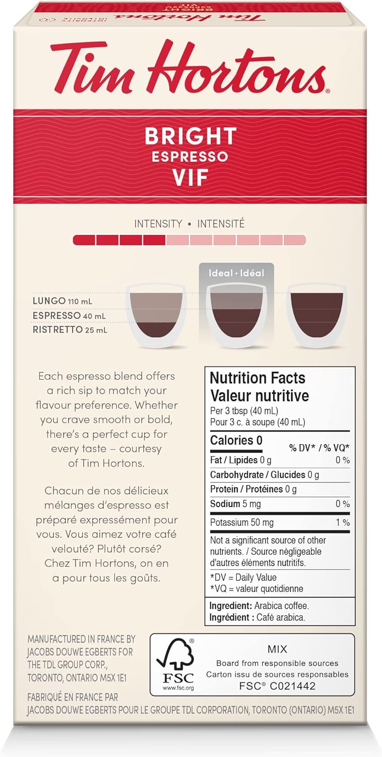 Tim Hortons Bright Espresso, Fine Grind Coffee, Nespresso Aluminum Capsules, 10 Capsules, 52g/1.8 oz
