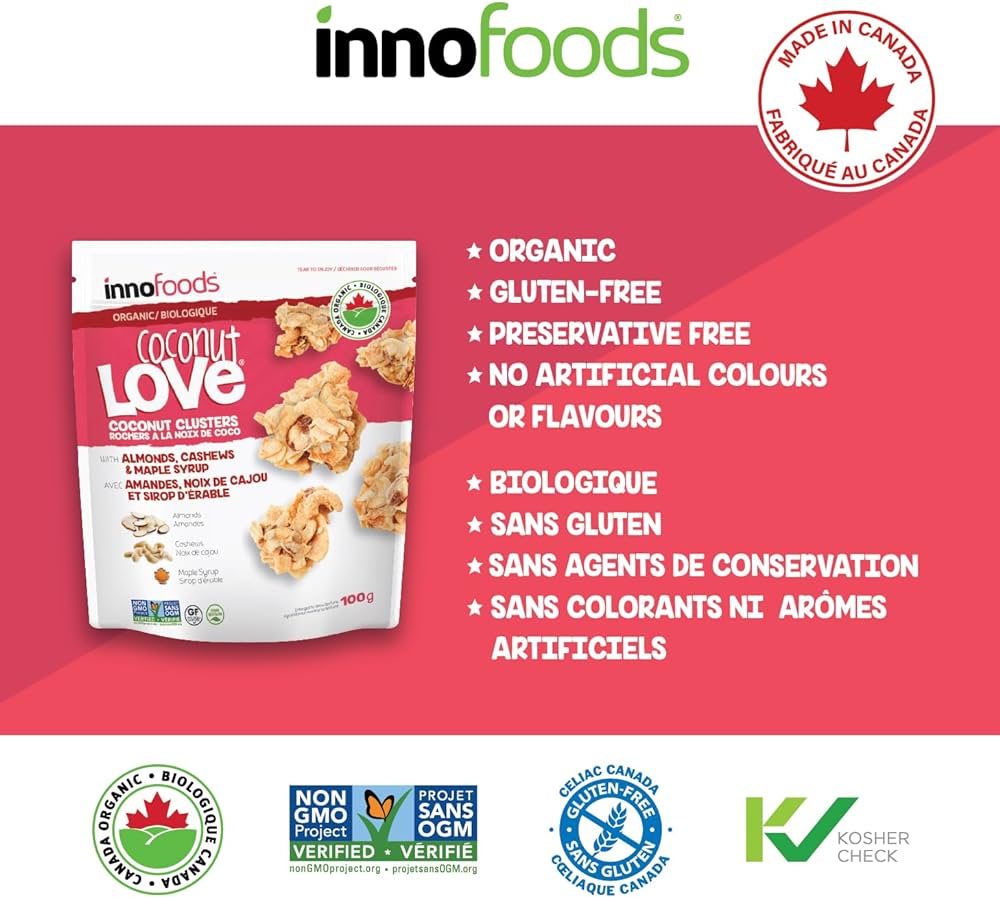 Innofoods Coconut Love, Crunchy Coconut Bites with Almonds, Cashews & Maple Syrup, 150g/5.25 oz. Bag, {Imported from Canada}