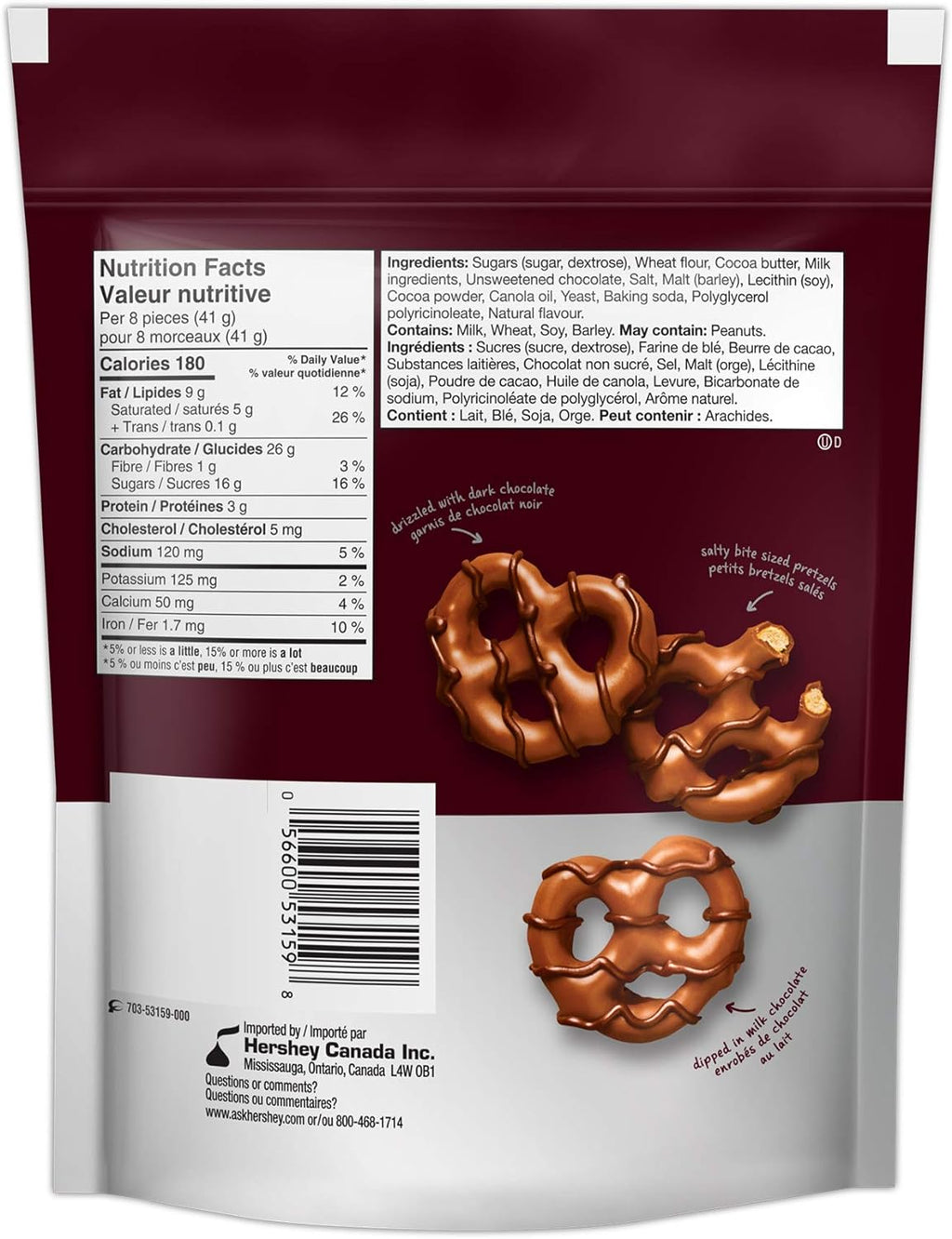 Hershey's Milk & Dark Chocolate Pretzels, 170g/6 oz. Bag {Imported from Canada}