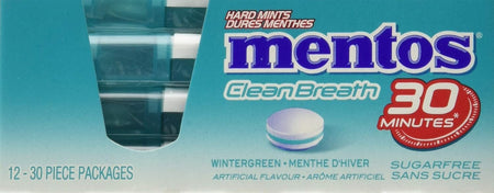 Mentos Clean Breath Mints, Wintergreen, 30 pc/Pack of 12, Package, side of package.