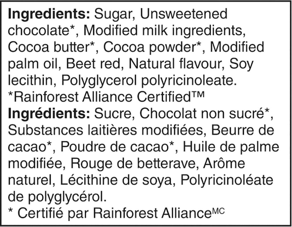 Ingredients label of Nestle Aero Truffle Black Forest Cake Chocolate Bar, 105g/3.7oz., Bar