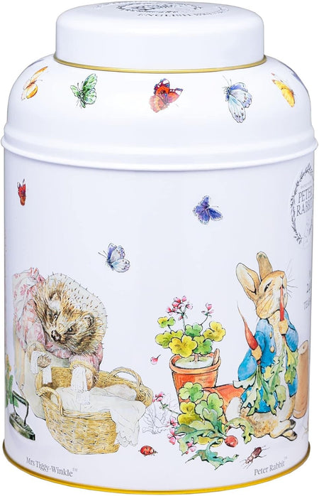 New English Teas Beatrix Potter Peter Rabbit Tea Caddy - 240 Tea Bags - Back of decorative tea canister with illustrations of characters and nature on a white background