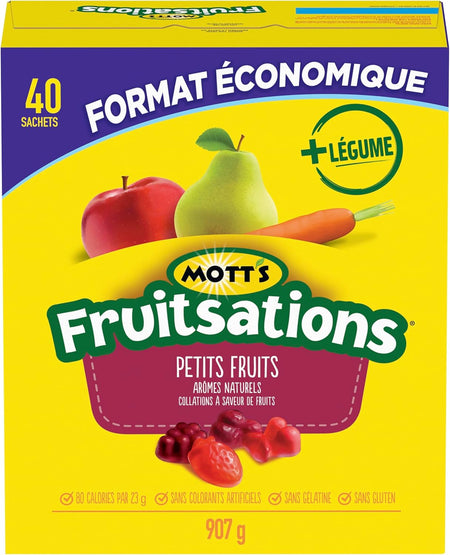 Mott's Fruitsations + Veggie Berry Gummies, 40 Pouches - 907g with colorful graphics on a yellow background