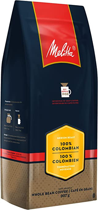 Melitta 100% Colombian Whole Bean Coffee, 907g/32oz., Bag, {Imported from Canada}