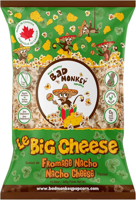 Bad Monkey Nacho Cheese Popcorn, 300g, front of bag.