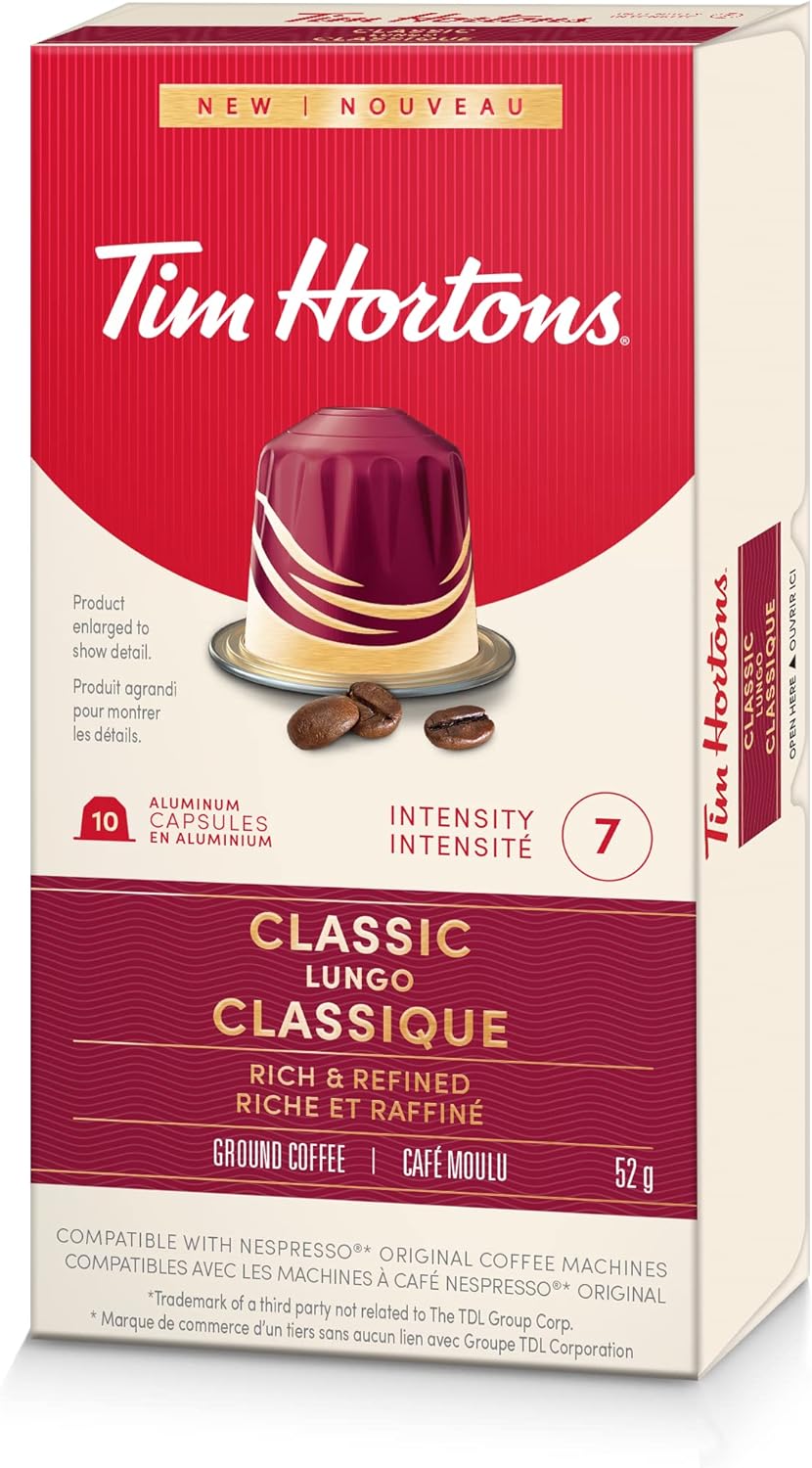 Tim Hortons Classic Lungo, Rich & Refined Coffee, Nespresso Aluminum Capsules, 10 Capsules, 52g/1.8 oz
