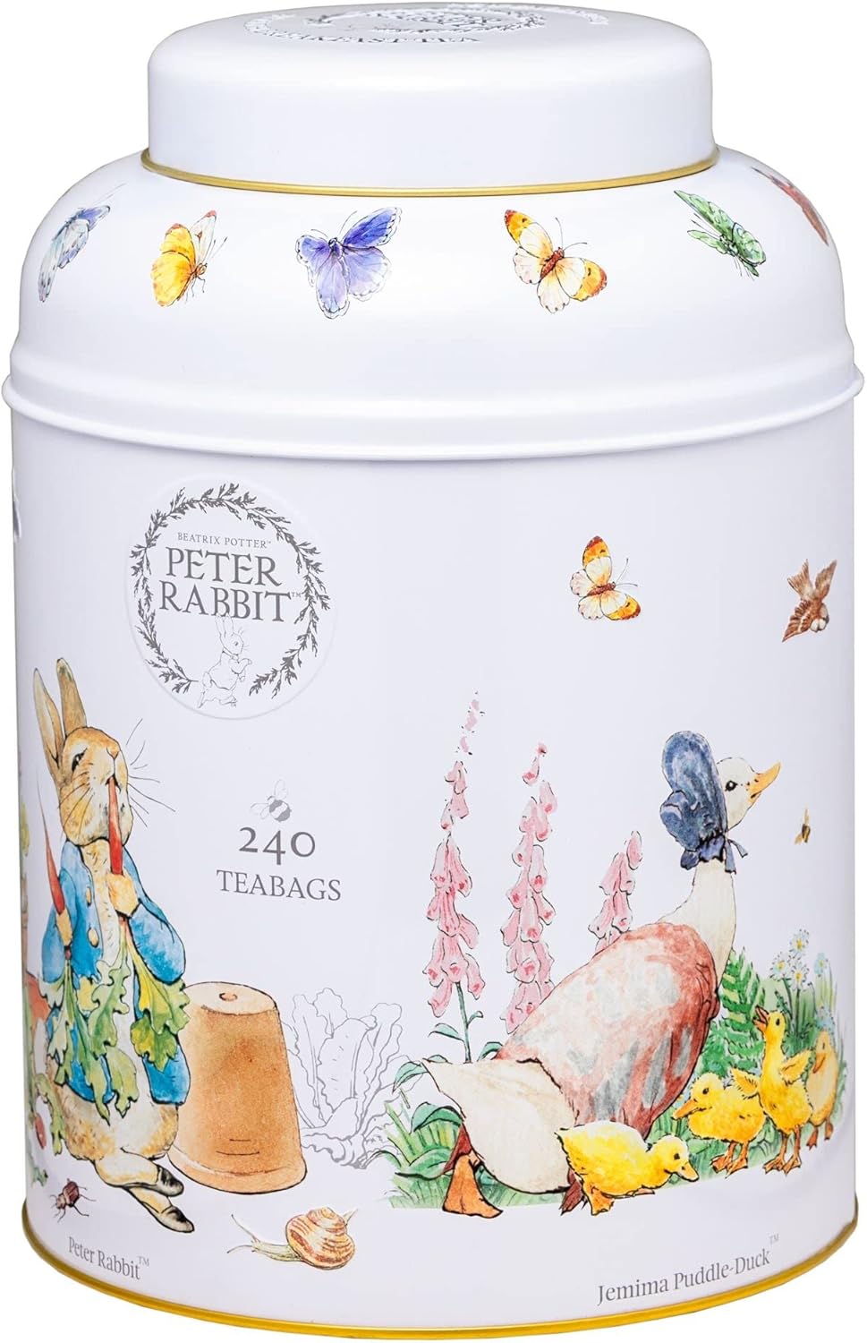 New English Teas Beatrix Potter Peter Rabbit Tea Caddy - 240 Tea Bags - Side of tea canister with illustrations of characters and nature, featuring 'Peter Rabbit' branding.