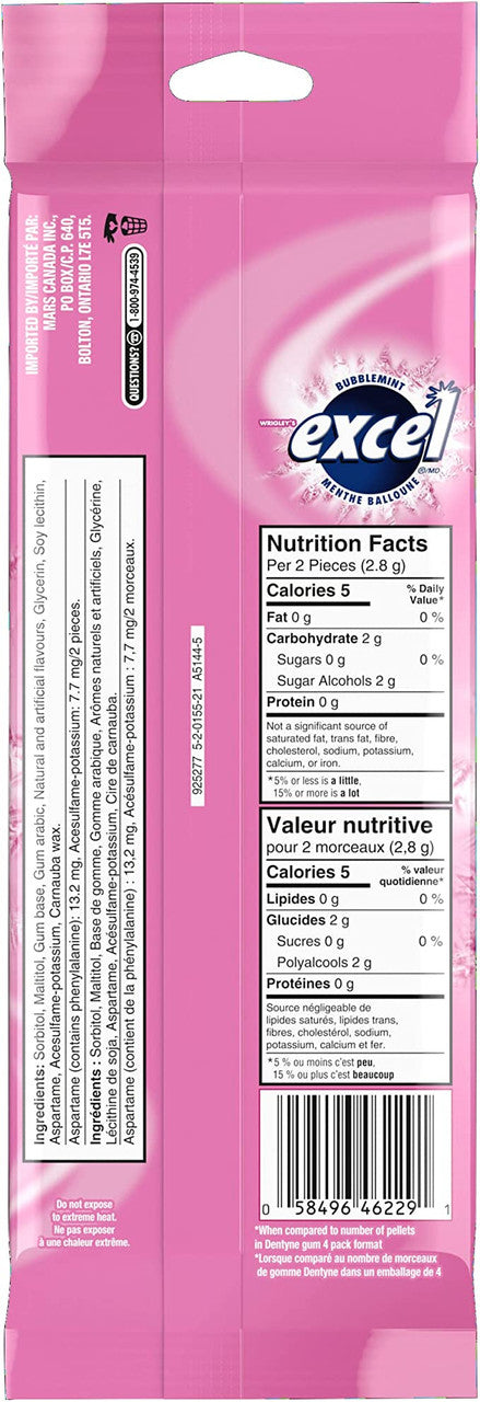 Excel Sugar-Free Gum, Bubblemint, 3 packets of 18 pieces, (Imported from Canada)