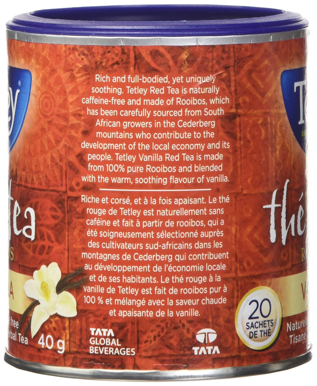 Tetley Tea Rooibos Vanilla (Red-Tea), 20 Tea Bags, 40g/1.41oz, (Imported from Canada)