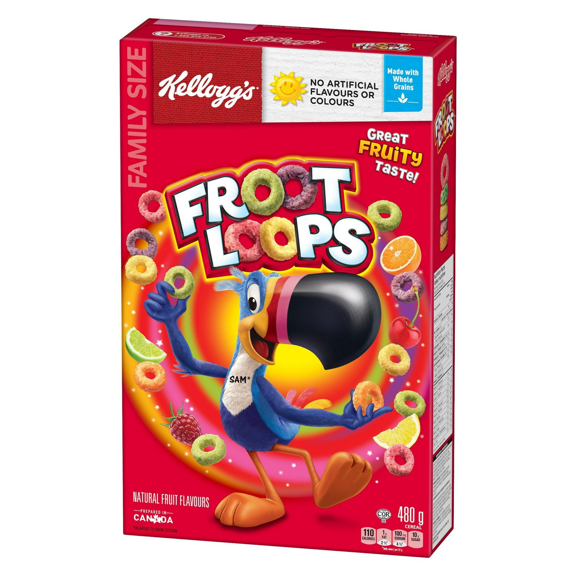 Front of Kellogg's Froot Loops Cereal, Family Size, 480g/1.06 lb., Box