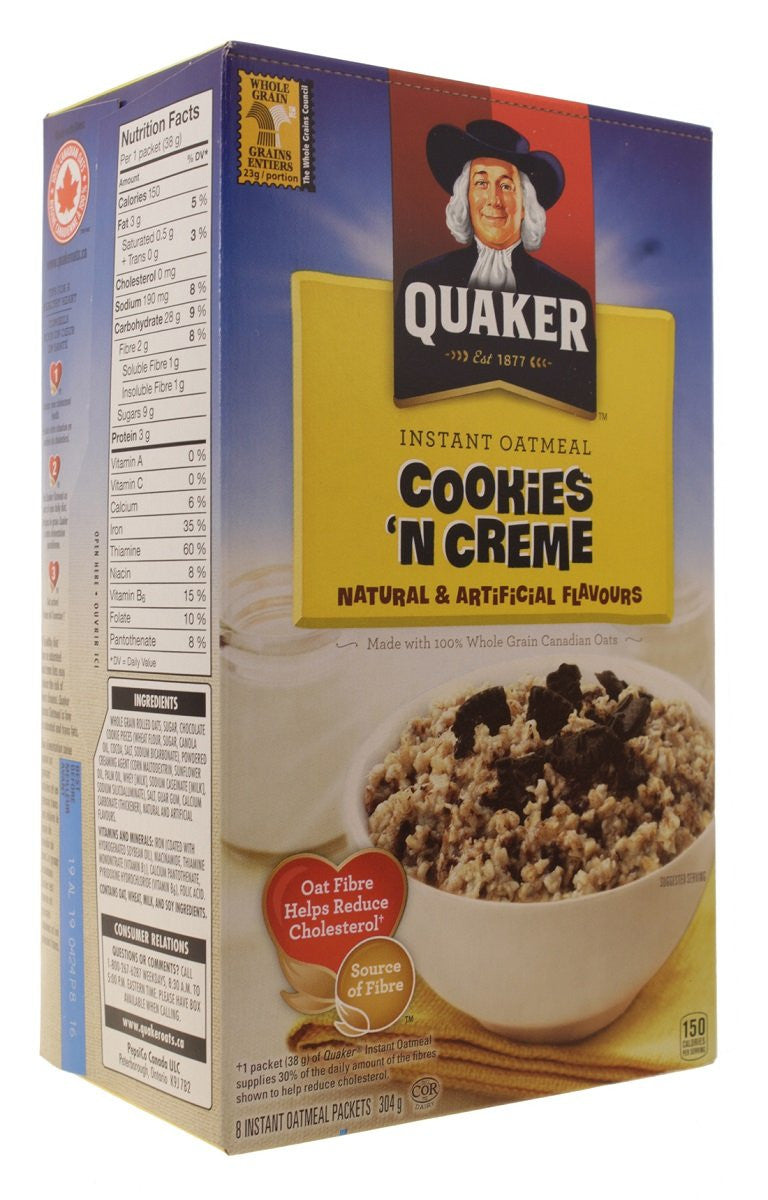 Quaker Cookies 'n' Creme Instant Oatmeal (8 x 38g/1.3 oz.) 304g Box {Imported from Canada}