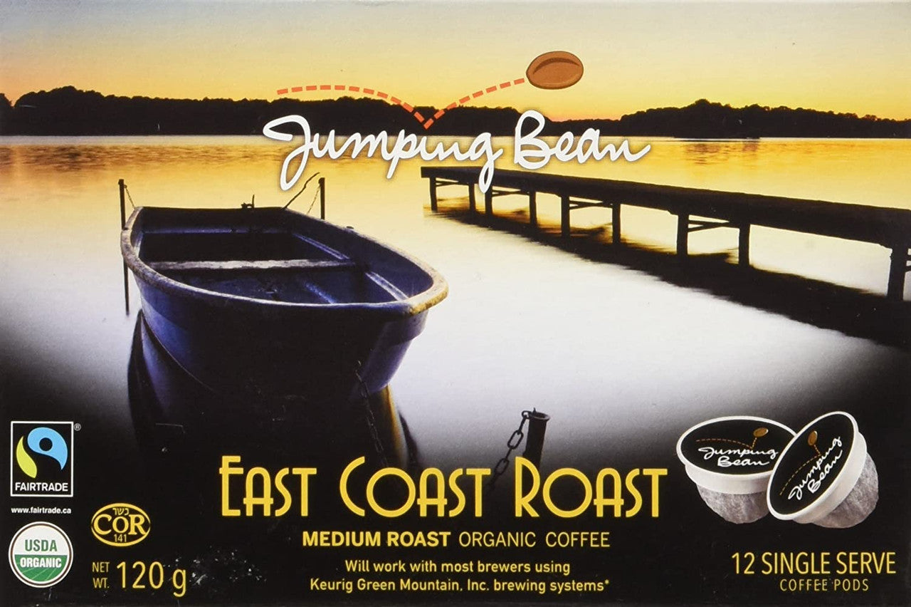 Jumping Bean East Coast Medium Roast Ground Organic Coffee Keurig Pods, 120g/4.2 oz., 12ct {Imported from Canada}