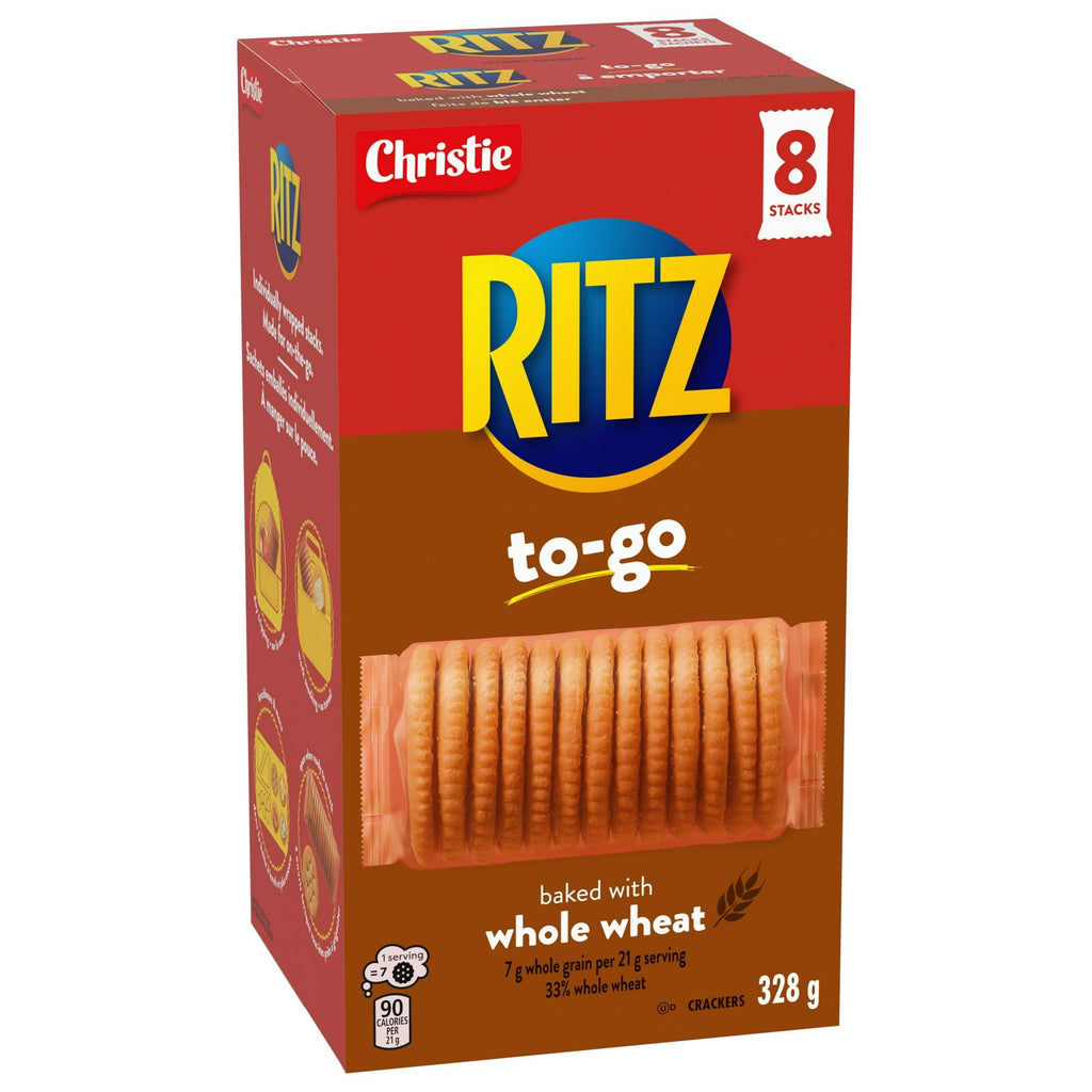 Box of Christie Ritz to-go whole wheat crackers with a red and brown design.