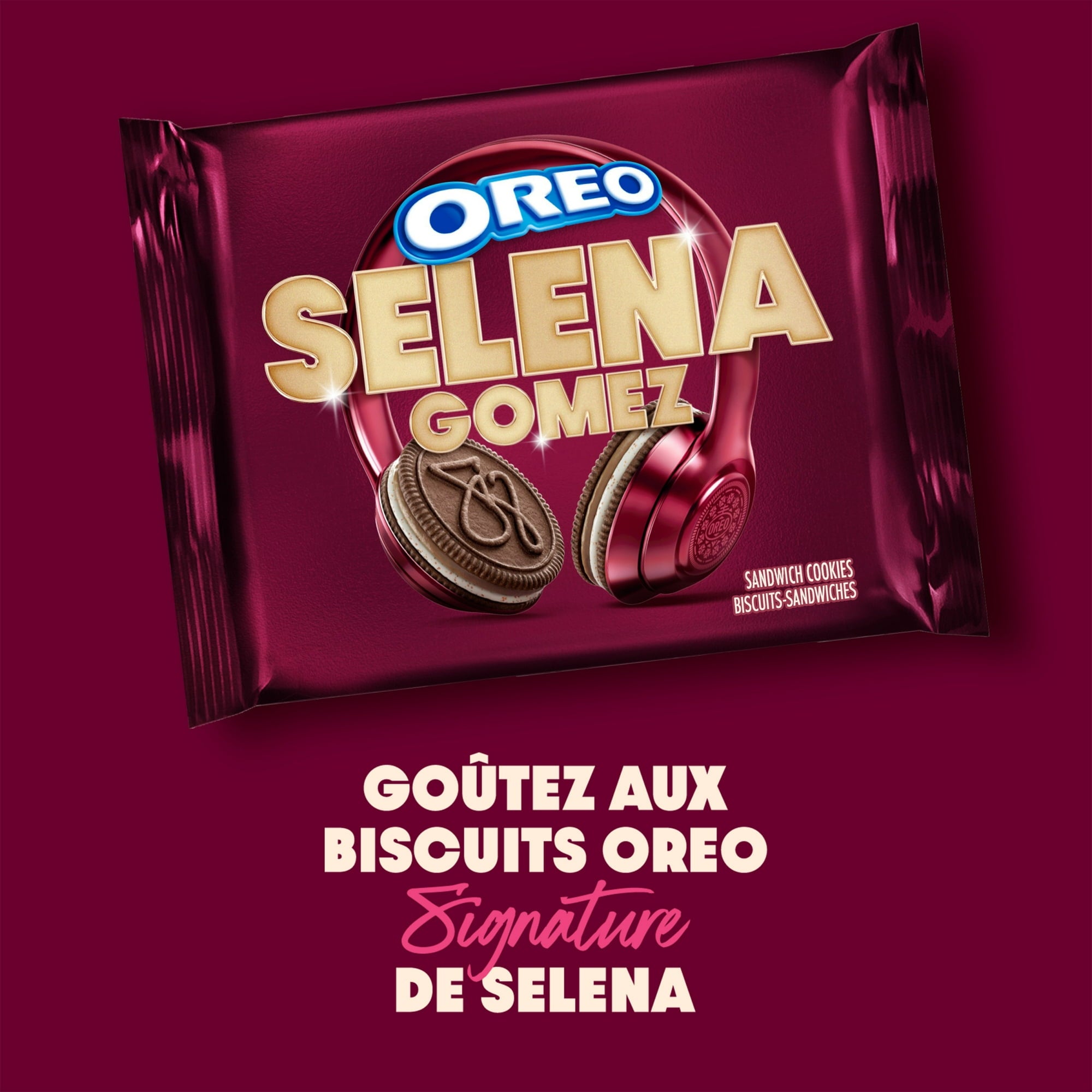 Oreo SELENA GOMEZ Chocolate & Cinnamon Creme Sandwich Cookies, 303g/10.6 oz - OREO Selena Gomez cookie package on a purple background