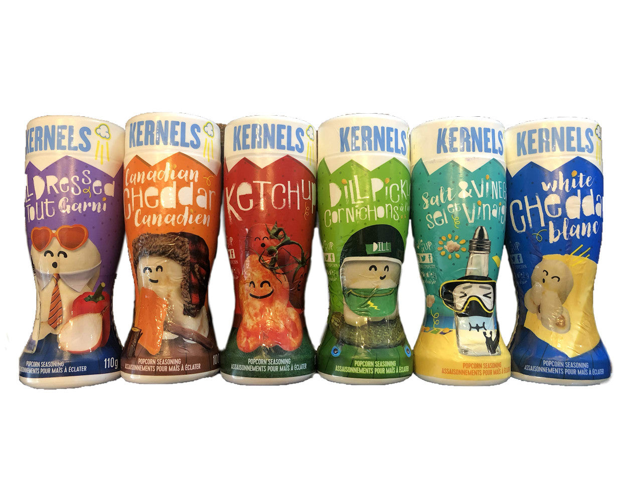 Kernels Popcorn Seasoning - Canadian Bundle - (Ketchup, All Dressed, Dill Pickle, Canadian Cheddar, White Cheddar, Salt & Vinegar) 6 Flavours!
