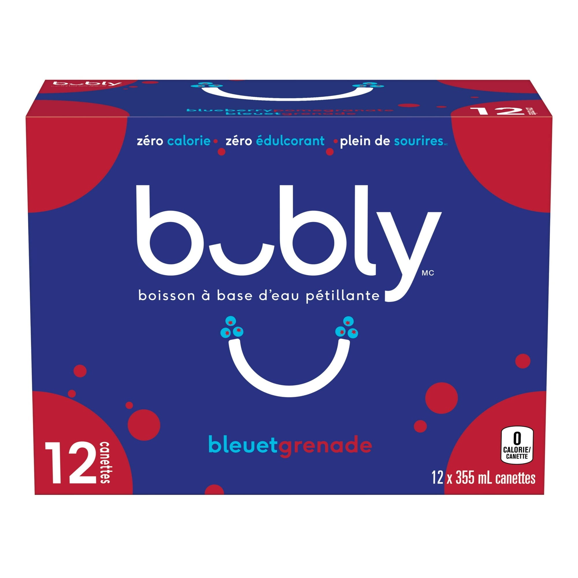 Front of Bubly Blueberry Pomegranate Sparkling Water Beverage, 12x355ml cans, 4.26L/144 oz in French