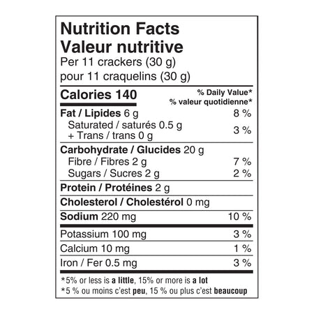 Nutrition facts label for Dare Breton Simple Goodness Dill & Herb Crackers, 180g/6.3 oz on a white background
