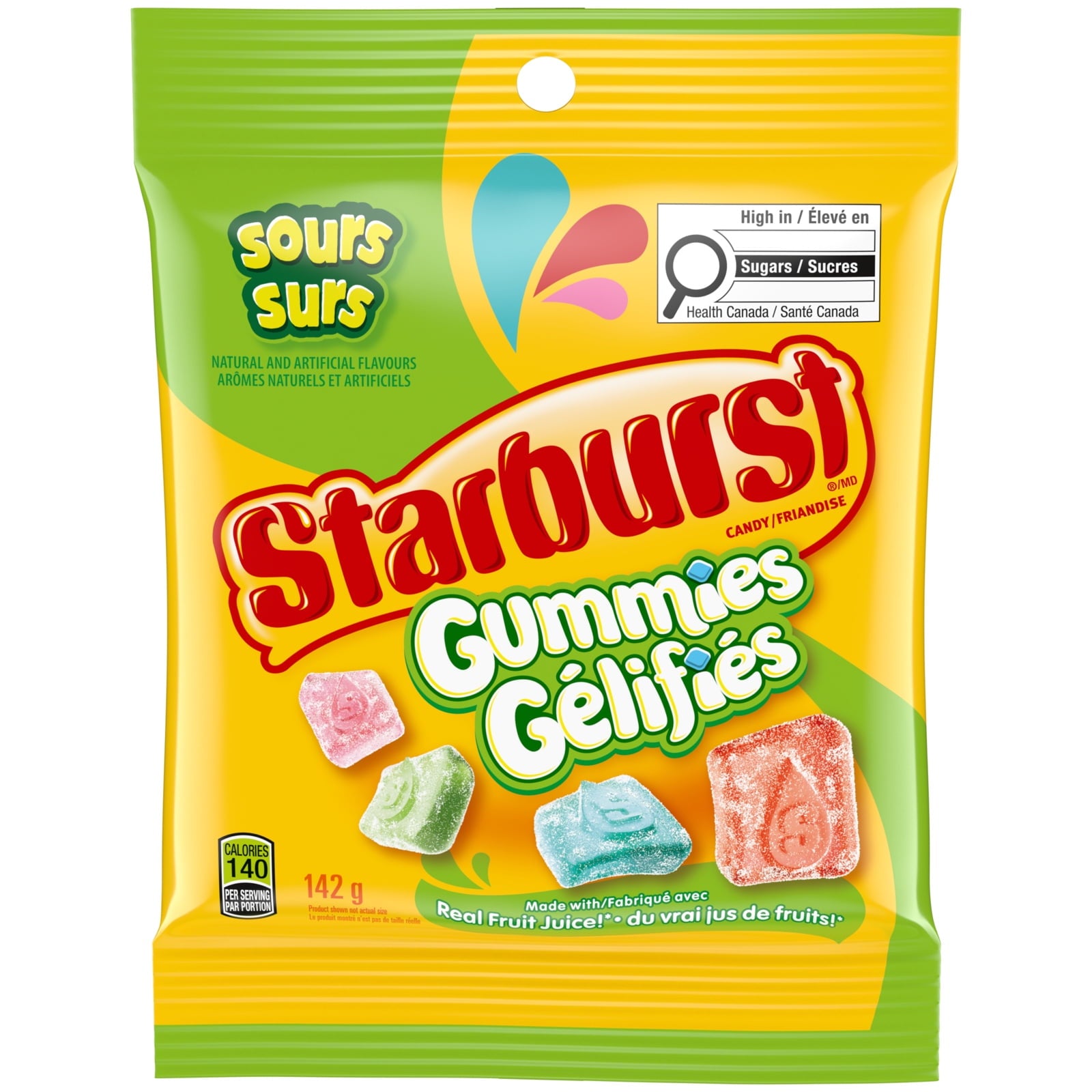Front side of package of Starburst Gummies Sours Candy 142g/5.0 oz with colorful design on a white background.