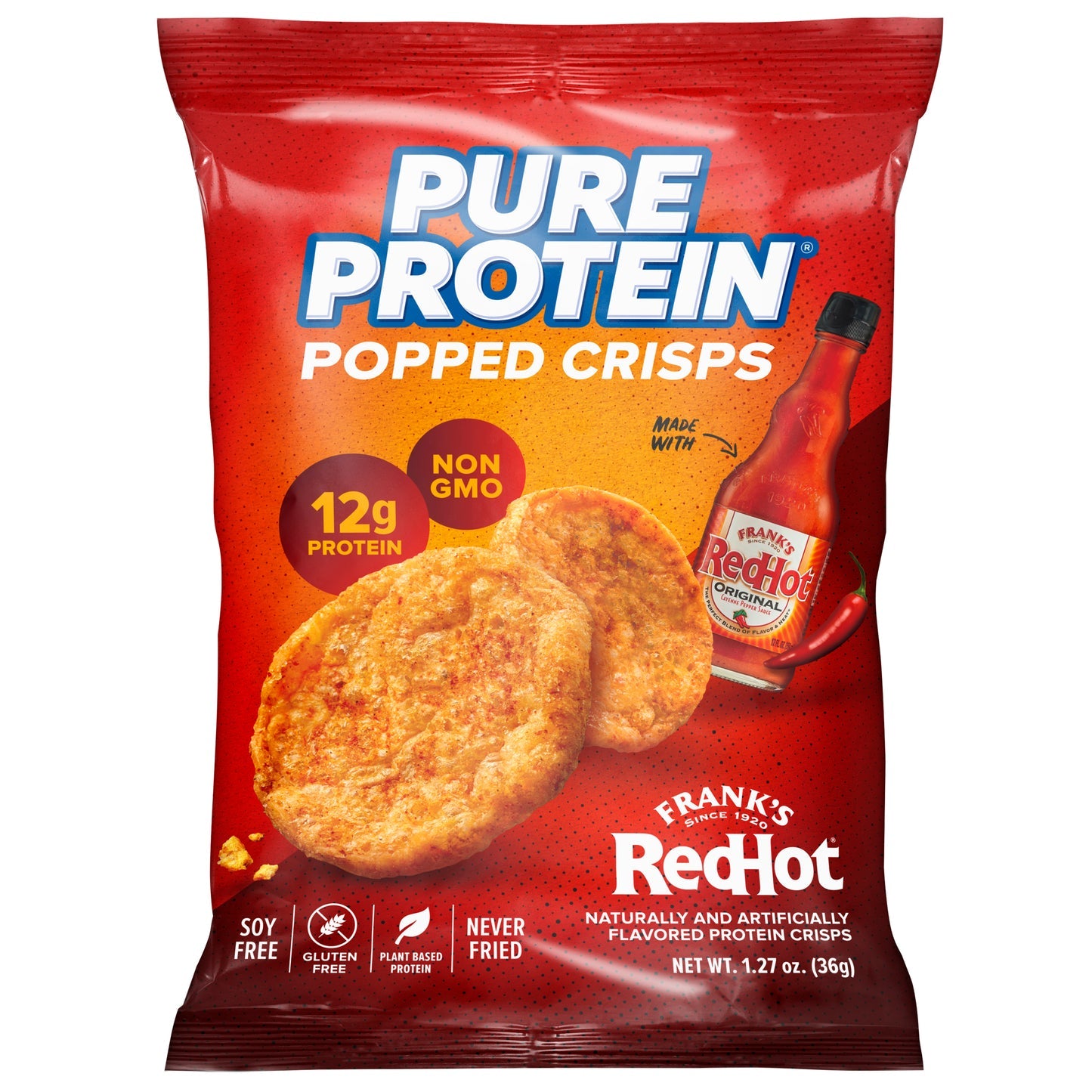 Red package of Pure Protein Popped Crisps with Frank's RedHot branding on a white background