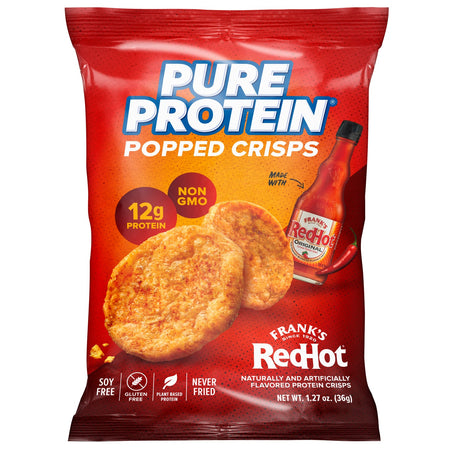 Red package of Pure Protein Popped Crisps with Frank's RedHot branding on a white background