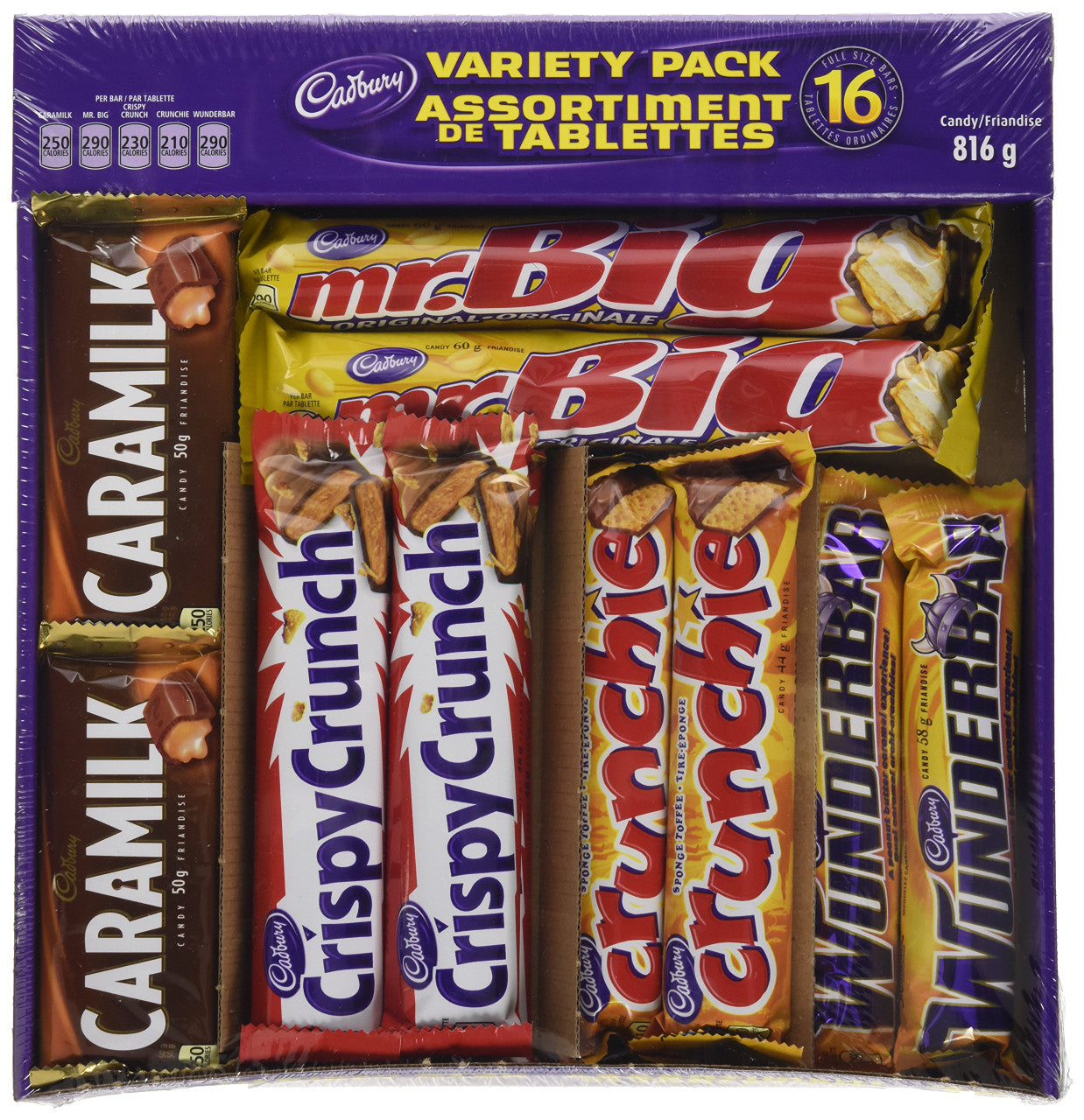Cadbury 16 Full size Chocolate Bars Variety Pack - Wunderbar, Caramilk, Mr.Big, Crunchie, Crispy Crunch 816 g