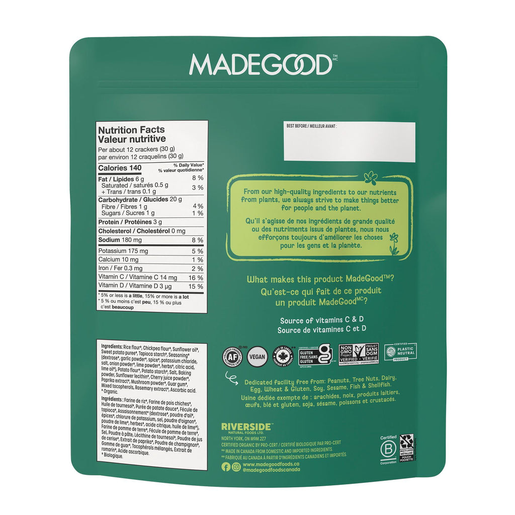 Green package of MadeGood with nutritional information and branding on a white background